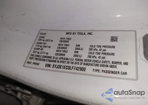 2020 Tesla Model 3 Performance Dual Motor All-Wheel Drive z USA, uszkodzony, nr VIN 5YJ3E1EC0LF742900